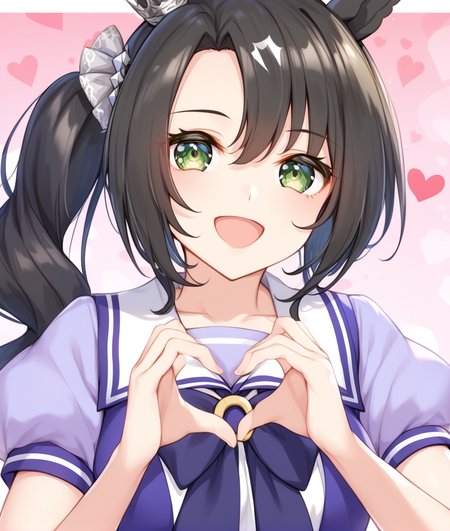 score_9, score_8_up, score_7_up BREAK
tracen_uniform, 1girl, solo, looking at viewer, open mouth, bangs, skirt, shirt, bow, school uniform, upper body, short sleeves, heart, pleated skirt, puffy sleeves, bowtie, sailor collar, :o, side ponytail, puffy short sleeves, white skirt, horse ears, horse girl, purple bow, purple shirt, sailor shirt, heart hands, tracen school uniform, purple bowtie, horseshoe ornament
five fingers, <lora:satono_crown-ponyXL-000004:1>,