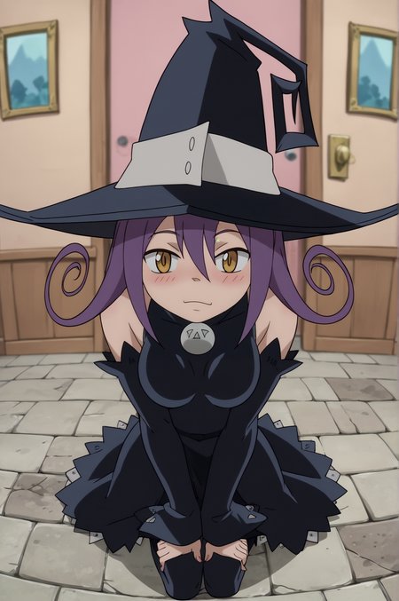score_9, score_8_up, score_7_up,anime_source, source_anime, best background, detailed background, anime screencap,  Blair, Witch Outfit, full body, sending kiss, blush, indoors, dynamic angle, dynamic camera, solo, <lora:JN_Blair_Soul_Eater:0.8>