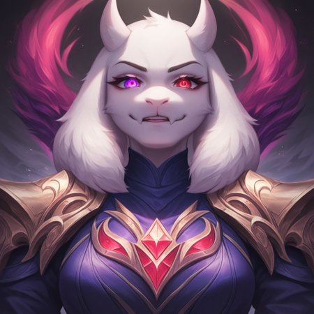 masterpiece, score_9_up, score_8_up, score_7_up, league of legends style, lol, Toriel, fluffy, front view, looking at viewer, smug, glowing eyes, heterochromia, red eyes, left eye red, purple eyes, right eye purple, glowing eyes, torso shot