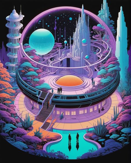 isometric  <lora:IsoPixel_SDXL:1>, black nanquim lineart Explorers in a vast utopian fantasy garden full of growing bioluminescent plants with a warm and bright glow. Some white highlights throughout and bright negative space. A large spherical tech apparatus is under construction in the centre of a clearing.
Fluid lines: Moebius's lines are incredibly smooth and flowing. They seem to dance across the page, creating a sense of movement and energy.
Intricacy: Moebius's drawings are often incredibly detailed, even in the smallest of elements. This attention to detail gives his work a sense of realism, even when it is depicting fantastical or otherworldly subjects.
Limited color palette: Moebius often used a limited color palette, but he used it to great effect. He was able to create a wide range of moods and atmospheres with just a few colors.
Use of light and shadow: Moebius was a master of using light and shadow. He used it to create depth, dimension, and atmosphere in his drawings.
Surreal and visionary: Moebius's work is often described as surreal and visionary. He was not afraid to experiment with new ideas and concepts, and his work often feels like a dreamscape.
Dominant colours are white, orange, vivid purple and teal.  
<lora:FaeTastic:0.5> 
 <lora:BadTrip_V1:0.3>
 <lora:LowRA:0.7>, isometric style  vibrant, beautiful, crisp, detailed, ultra detailed, intricate