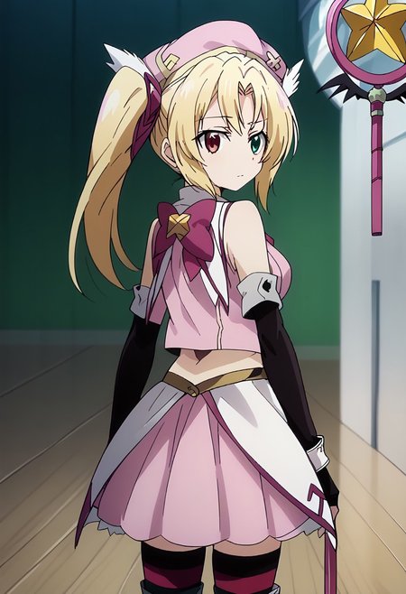 score_9, score_8_up, score_7_up, score_6_up, 1girl, ((magical girl)), bokeh, Heterochromia, red eye, green eye, m4g1c4lg1rl0utf1t, MagicalGirlOutfit,Magical Girl Outfit (HDXD), red and blonde hair, multicolored hair, hat, thighhighs, fingerless gloves, gloves, striped, striped thighhighs, magical girl, elbow gloves, headwear,, skirt, looking back, staff,  side ponytail, standing, gloves, gomg-style