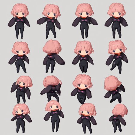 score_9, score_8_up, score_7_up, score_6_up source_anime <lora:midori_eva_alpha:.85> midori, short hair, purple eyes, black bodysuit, vibingdance, animation sheet, chibi, dancing, simple background, white background <lora:VibingDance (frieren vibing) LoRA PDXL Anzhc:.75> dance, skin tight,