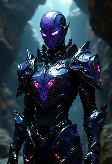 An armored golem (in warrior pose) wearing complete cyber-fantasy armor (full-head-helmet, pauldrons and so on...). Each piece of the armor is glowing of iridescent ink marbling in the style of FFAIM. Ray tracing and path tracing and glourious reflections and amazing indirect light from the armor itself casted on the grotto where the golem is just entered.
