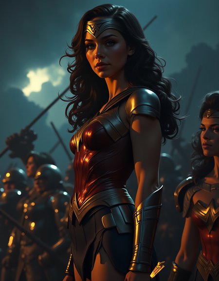 A superhero photograph capturing Wonder Woman standing on a battlefield during a stormy night. The image is shot in stunning ultra-high definition with an absurd resolution of 64000 x 32000 pixels, resulting in highly detailed textures and intricate details. The composition style utilizes symmetry to create a balanced and powerful visual effect, while the stormy lighting creates dramatic shadows and highlights on Wonder Woman's armor and sword.