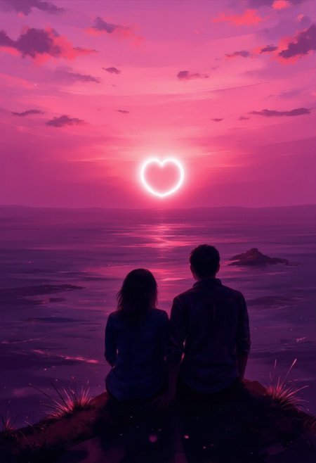cinna flow, aidmaLOVEboost, a silhouette of a couple sitting on a cliff viewed from behind, they are watching the sun that rises over the horizon filling everything with shades of pink, the sun is shaped as a heart sign
