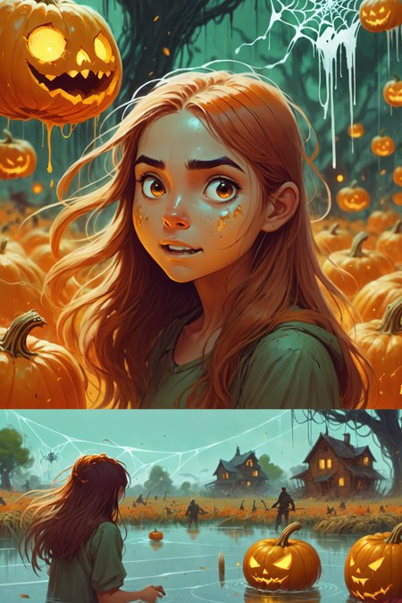 portrait closeup cute young woman in water reflecting swirl around her while melting  slime  mech in the background hunting pumpkins skulls,  girl stuck in a web , long flowing hair in the wind, happy, insanity split screen, story being told across multiple frames
<lora:SDXL1.0_Essenz-series-by-AI_Characters_Style_JakubRozalski-v1.0:0.75> artwork in jrst artstyle  <lora:Animated_Concept:0.75> [scarred /  I've messed up expression:13] [houses:15]