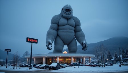dark and unsettling dream showing a fearful scene of a 350 floors tall world's tallest  glass novelty architecture building shaped like a hairy yeti, it is operating as a car dealership in a mountain town. . best quality, high resolution. created by genius but depressed mad artist. grim beauty