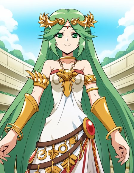 score_9, score_8_up, score_7_up, source_anime, <lora:palutena-trailer-ponyxl-lora-nochekaiser:1>, palutena, long hair, bangs, very long hair, green eyes, green hair, parted bangs,, dress, bare shoulders, jewelry, necklace, white dress, strapless, tiara, strapless dress, armlet, neck ring, gold,, dirt road, rural, path, dust, nature, smile, <lora:gendou-pose-ponyxl-lora-nochekaiser:1>, gendou pose, own hands clasped, own hands together, parody,, looking at viewer, solo,, dutch angle, cowboy shot