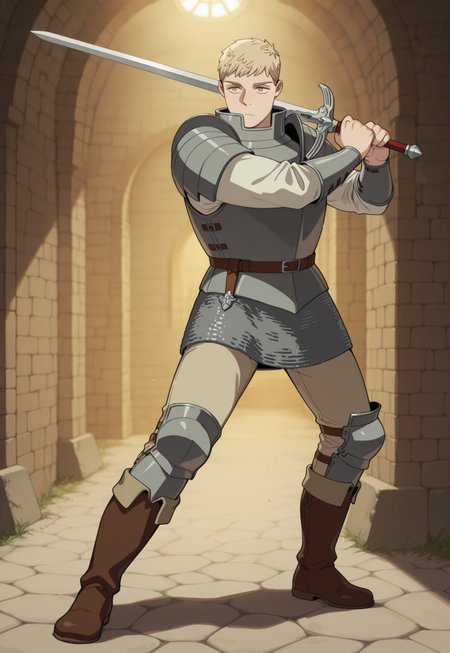 safe_pos, masterpiece, best quality, amazing quality, very aesthetic, absurdres, Dunmeshi_Laios, 
1boy, solo, male focus, blonde hair, short hair, yellow eyes, armor, gorget, pauldrons, cuirass, white shirt, arm guards, brown belt, chainmail, beige pants, knee guards, brown boots, holding sword, full body, dynamic pose, perspective