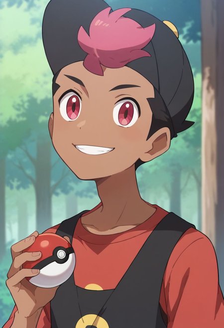 score_9, score_8_up, score_7_up, 1boy, solo, roy_anipoke, duotone hair, dark cap, black and pink hair, pink eyes, brown skin, black vest, red shirt, holding pokeball, smile, looking at viewer, forest
