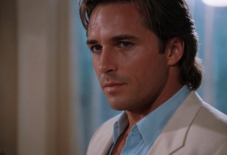 cinematic film still Sonny Crockett, MiamiVice, indoors, closeup . shallow depth of field, vignette, highly detailed, high budget, bokeh, cinemascope, moody, epic, gorgeous, film grain, grainy