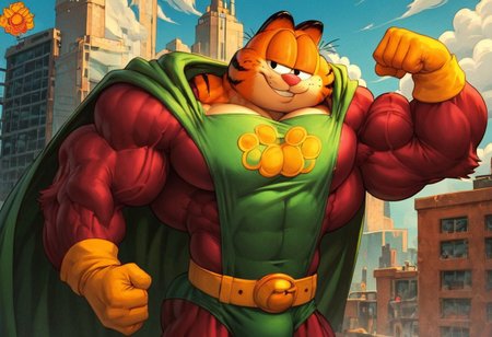 score_7, score_8, score_9, dynamic lighting, detailed background, detailed face, detailed character, background is city, city skyline, rooftop, clouds, shot from below
BREAK
single character, ((Solo)), anthro, furry male, (Garfield), orange fur, black stripes, pink animal nose, black eyes, black ear tips, black whiskers, narrow waist, wide hips, massive pecs, toned body, fit body, extremely muscular, big muscles, (huge muscles), big biceps, huge biceps, hyper muscles, extreme muscles, hyper biceps, extreme biceps
BREAK 
standing, looking at viewer, smiling, flexing both arms, flexing both biceps, ((green and purple body suit)), green cape, yellow belt, yellow gloves, cat paw logo on chest