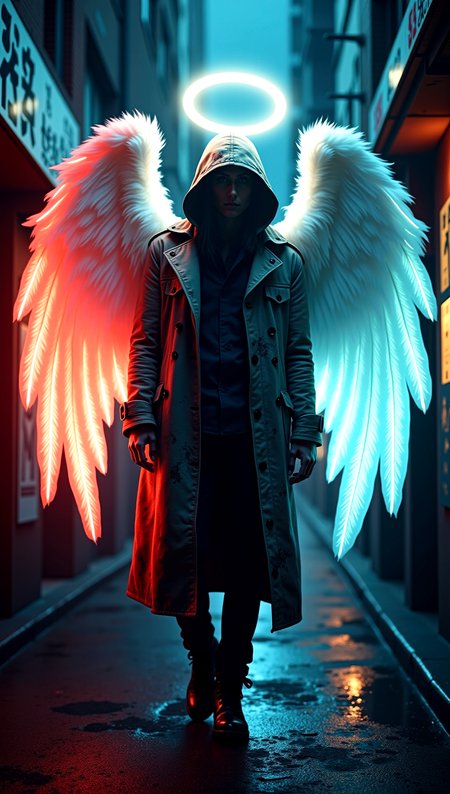 a mysterious angelic figure standing in a dark urban alley, adorned with ethereal angel wings that glow with a gradient of red, white, and blue, each feather catching the light in a different way. The figure is cloaked in a heavily detailed, graffiti-splattered trench coat, with a hood that casts a deep shadow over their face. The scene is illuminated by neon lights reflecting off wet pavement, with the figure's halo casting a soft, warm glow. The background is filled with intricate urban textures—cracked walls, faded posters, and distant city lights. Ultra-detailed textures, dynamic lighting with high contrast, cinematic framing.


cinematic scene, cinematic lighting, intricate detail skin and facial texture, lifelike expression, accurate character design, dynamic pose, interesting and complex background details, complex dynamic pose, 







 














