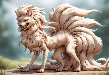 safe_pos, score_9, score_8_up, score_7_up,depth of field, ambient occlusion, bokeh, cel shading, black illustration lines, canine mouth, sharp teeth, detailed fur, fluffy,tuft cinematic lighting, cartoon, (feral:1.5) Ninetales, source_pokemon, 1girl((feral ninetales), ninetales, furry female, female, fangs, petite, amber eyes, beige fur, graceful body, elegantly posture, outdoors, full body