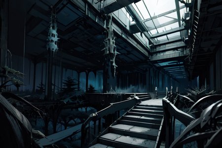 highly insanely detailed, masterpiece, top quality, best quality, highres, 4k, 8k, RAW photo, (very aesthetic, beautiful and aesthetic),  
tsutomu nihei,nihei_tsutomu,blame!,blame gakuen!,abara,TNstyle,sidonia_no_kishi,(tower,stairs,tunnel,mausoleum),air conditioner,dark sky,black sky,letterboxed,star \(sky\),starry sky,dome,futuristic,blm,dystopia,destroyed,empty,vast scenery,perspective,science fiction, 
<lora:blameLora_v10:0.8>, 
(1girl:1.3), 
solo focus, 
large forest,enchanting forest,dense forest,lush forest,tall trees,canopy,overgrown scenery,âââ