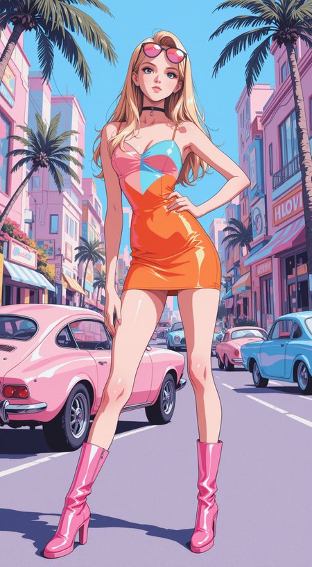 masterpiece, best quality, 8k, highres, anime coloring, pastel colors, vibrant colors, neon aesthetic, 90s miami aesthetic, 1girl, solo, long hair, blonde hair, black highlights, windswept hair, hair behind ear, loose hair strand, pink sunglasses, choker, neon dress, orange dress, short dress, tight dress, sleeveless dress, pink boots, high heel boots, fashionable, posing, hand on own hip, urban, palm trees, street, daytime, sunny, clear sky, pastel buildings, retro car, colorful, bright lighting, high contrast, fashion shoot, fashion model, summer, looking at viewer, eye-level view