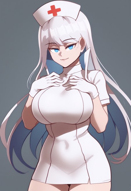 score_9, score_7_up, <break> simple background, grey background, solo, 1girl, PSchan, light smile, looking at viewer, standing, hand on own chest, long hair, white hair, nurse cap, blue eyes, half-closed eyes, white dress, short dress, short sleeves, white gloves, large breasts
 <segment:yolo-face_yolov8m.pt,0.4,0.5//cid=1>