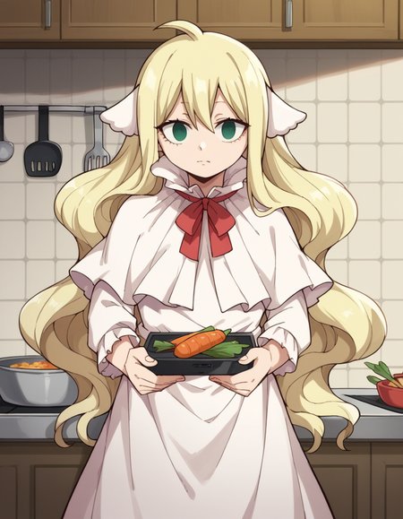 score_9, score_8_up, score_7_up, source_anime, <lora:mavis-vermillion-anime-ponyxl-lora-nochekaiser:1>, mavis, long hair, blonde hair, green eyes, ahoge, wavy hair, animal ears,, dress, white dress, collar, ribbon, red ribbon, capelet, long sleeves,, kitchen, cooking, apron, cutting vegetables, home cooking, , looking at viewer, arm holding a phone, solo,, cowboy shot, dutch angle