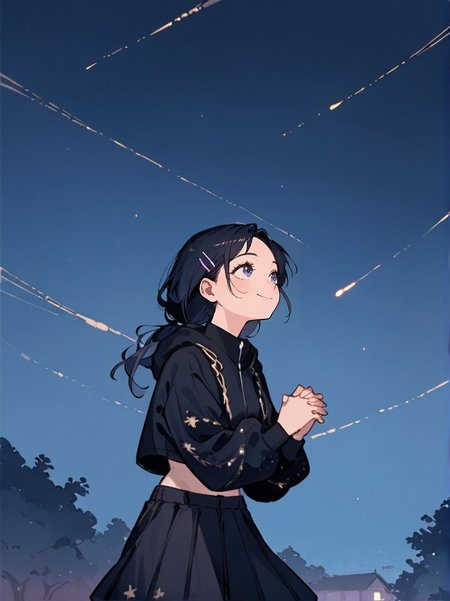 score_8_up, score_7_up, score_6_up, source_anime, 1girl, solo, night sky, outdoors, sky, 
looking up, hands clasped together
smile, 
cropped hoodie,
black skirt <lora:Starry_Hoodie-000004:1>