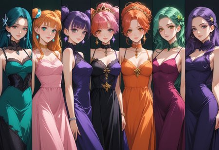 score_9, score_8_up, score_7_up, 
source_anime, deep colors, 
high quality, high resolution, detailed, highres, highly detailed, intricate details, beautiful eyes,
BREAK
multiple girl, magical girls, 5 girls, 5girls,
red hair, pink hair, orange hair, yellow hair, green hair, cyan hair, blue hair, purple hair, violet hair, black hair, 
red dress, pink dress, orange dress, yellow dress, green dress, cyan dress, blue dress, purple dress, violet dress, black dress,