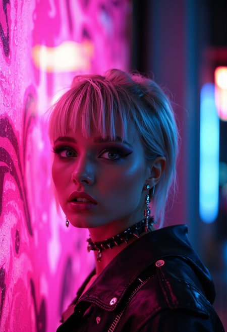 neon noir  A photographic blend of two images:
1) A stylized portrait of a young woman with striking makeup, including black eyeliner, dramatic dark lips, and smoky gray eyeshadow, contrasted against a vibrant pink background. Her hair is dyed in shades of silver, giving her an edgy, futuristic look. She wears a black choker adorned with spikes and sports a pair of statement earrings. Her gaze exudes confidence and her expression is one of intense focus.
2) An artistic rendering of a neon-lit abstract surface that appears to be in motion or melting, creating a dynamic visual effect. The colors are bright and saturated, with the dominant hues being pink, purple, and blue, which together form a gradient background.
Combining these two images into one creates a photorealistic, high-resolution image that seamlessly transitions from a realistic portrait to an abstract neon dreamscape. The composition is balanced, with the subject on the left side providing a strong focal point against the more abstract and colorful background. Depth of field blurs the subject's body to focus on her face, while the background remains in sharp detail to draw attention to its vibrant energy.
The lighting is dramatic, with a soft, diffused light source creating gentle shadows on the subject and enhancing the neon effect in the abstract section. The mood of the image is surreal and dreamlike, invoking feelings of freedom, self-expression, and the blending of reality with imagination.  . cyberpunk, dark, rainy streets, neon signs, high contrast, low light, vibrant, highly detailed