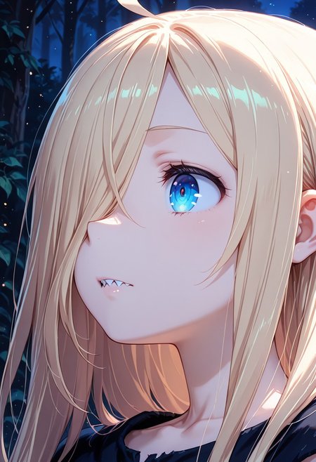1girl, solo, masterpiece, best quality, newest, absurdres, CG, anime, source anime, illustration, very aesthetic, high resolution, ultra-detailed, newest, scenery, medium depth of field, rule of thirds, masterpiece-level, clean lines, 
BREAK 1girl, ((solo)), ru1, blonde hair, absurdly long hair, blue eyes, hair over one eye, sharp teeth, antenna hair, pale skin,
torn black dress, short sleeves
closeup, closeup to face, portrait, outside border
dark background
cinematic angle, various angles, detailed background, beautiful background, (rays light:1.0),(grow:1.0) mystical, luminism, vibrant colors, light particles