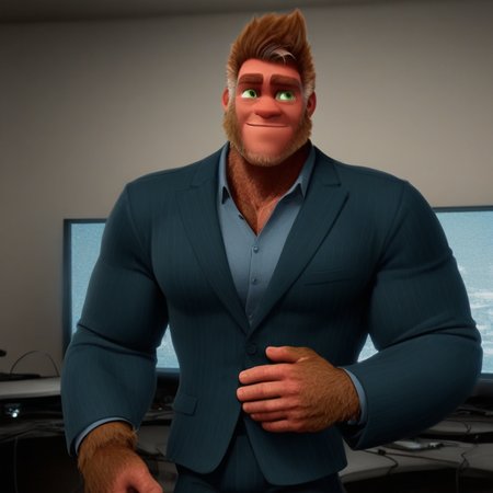 bigfoot, hairy, tall, muscular, bara, handsome, highly detailed, green eyes, wearing suit, in a tv studio, brown fur, solo, alone, slight smile