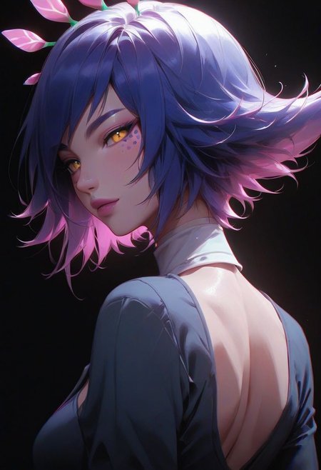 Neeko
,score_9, score_8_up, score_7_up, rating_safe,girl,seductive, cool, perfect body,Tilt head,2.5d,ornament,narrow waist,big breasts,short hair,pixie cut,large breasts,arching back,serious,yellow eyes,Vertical slit pupils,
HI-res,masterpiece,black suit with shirt and slack,handsome appearance ,black neckties,Tomgirl ,back view,back,
simple background ,black background