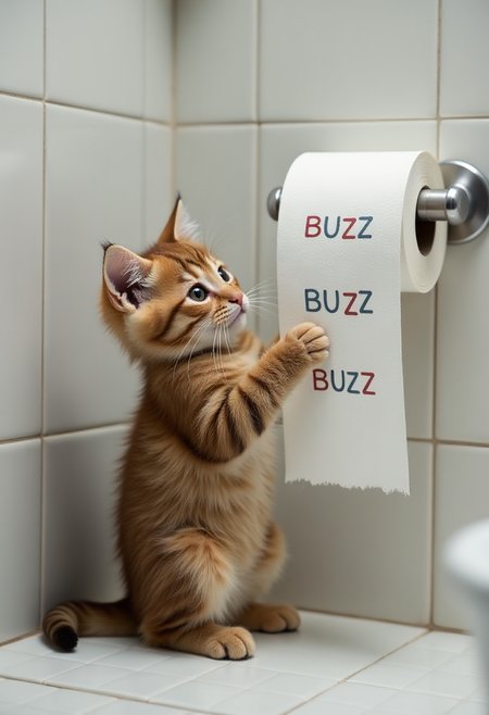 a kitten in a bathroom playing with a roll of toilet paper in a holder on the wall, each sheet of paper says "BUZZ" on it in block characters,  <lora:Hyper-FLUX.1-dev-8steps-lora:0.13>