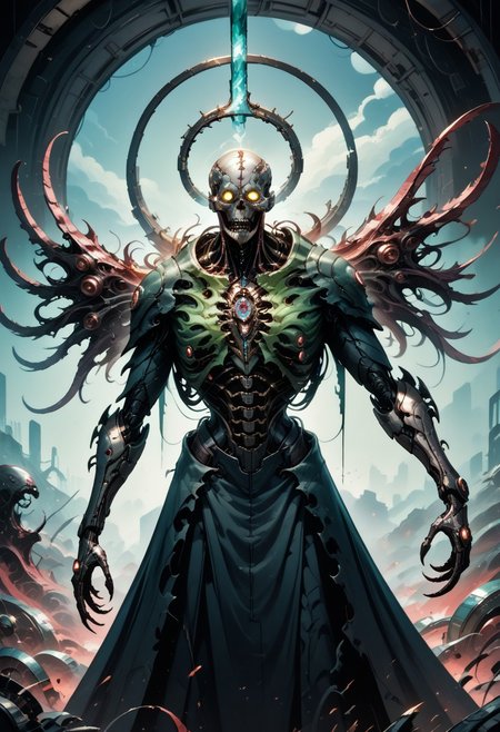 score_9, score_8_up, score_7_up, score_6_up, score_5_up, cyborg, cyberpunk, biomechanical, fleshmutant, cybermutant, science fiction, mechanical parts, A towering celestial entity of biomechanical design, both divine and nightmarish in form. Countless metallic wings, layered like blades of a great machine, extend from its back in a shifting halo of luminous, golden-steel feathers, each one inscribed with ever-changing scripture. A writhing mass of interlocking rings and shifting, eye-covered plates forms its core, spinning in synchronized, unsettling perfection. Every eye glows with an otherworldly radiance, unblinking and omniscient, their gaze piercing through the soul. Tubes and sinewy cables weave through its body, pulsing with strange, ethereal fluids, sustaining its impossible existence between flesh and divine machinery. Its voice is a chorus of overlapping frequencies, both holy and inhuman, resonating with commands that shake reality itself. Beneath its many wings, glimpses of elongated limbs—part organic, part metallic—move with eerie precision, each finger tipped with delicate, needle-like extensions. The presence of the entity is overwhelming, evoking awe and terror, as if reality itself strains to comprehend its form. The backdrop is a sky torn apart by radiant fractal light, where the fabric of existence bends in reverence to its impossible holiness.