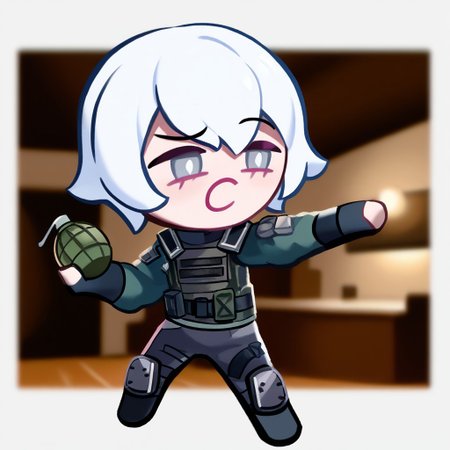score_9, score_8_up, score_7_up, cel shading, fca style, score_9, score_8_up, score_7_up, score_6_up, score_5_up, score_4_up, masterpiece, good quality, best quality, 2d, anime, lana, lana \(Rainbow Six Siege\), bodysuit, armor, fingerless gloves, gloves, pants, knee pads, white hair, grey eyes, indoors, Cafe background, holding a grenade, crk1styl111