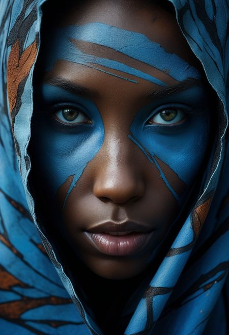 Close-up face, mysterious silhouette of an exotic coloured girl in worn down cape, light blue war-paint over eyes only, goddess, alluring, by Minjae Lee, Carne Griffiths, Emily Kell, Steve McCurry, Geoffroy Thoorens, Aaron Horkey, Jordan Grimmer, Greg Rutkowski, amazing depth, double exposure, surreal, geometric patterns, intricately detailed, bokeh,  perfect balanced, deep fine borders, artistic photorealism , smooth,  great masterwork by Suiras  <lora:add-detail-xl:2>  <lora:Double_Exposure:0.5>