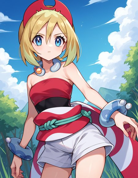 score_9, score_8_up, score_7_up, source_anime,
pokemonirida, <lora:pokemon-irida-ponyxl-lora-nochekaiser:1>
pokemonirida, blonde hair, blue eyes, hair between eyes, medium hair,
bracelet, hat, jewelry, neck ring, red headwear, red shirt, sash, shirt, shorts, strapless, strapless shirt, waist cape, white shorts,
outdoors, nature,
looking at viewer, cowboy shot, dutch angle,