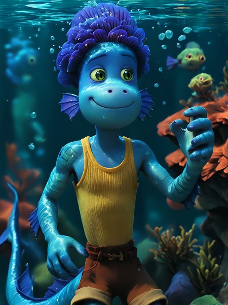 score_9, score_8_up, score_7_up,  score_6_up, BREAK, monstralberto, 1boy, solo, closed mouth, smile, tank top, night, underwater, swimming, tail, brown shorts, natural light  <lora:MonsterAlberto:1> d3t41l3d  <lora:d3t41l3dXLP:1>