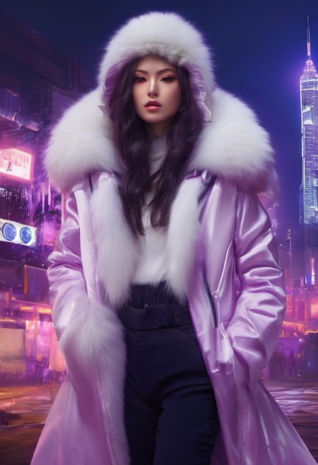 lavender-white eyes,(featureless eyes:1.3),dark blue eyes,lavender clothing,white clothing,fur trim clothing,dark blue clothing,<lora:cwhyberponk:1>,cwhyberponk,science fiction,cyberpunk,fantasy,city,street,