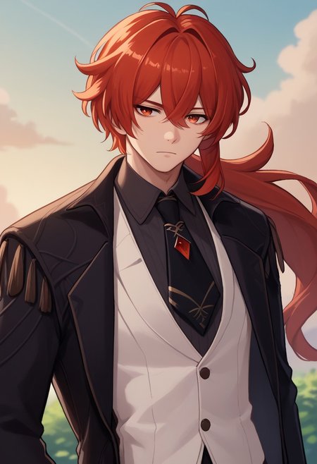 score_9, score_7_up, source_anime 
diluc, 1boy, male focus, solo, red eyes, red hair, long hair, ponytail, bangs, hair between eyes, antenna hair, shirt, black shirt, collared shirt, necktie, black necktie, vest, white vest, coat, black coat, portrait,
outdoor, sky,