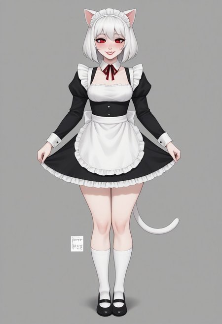 1girl, Whirte hair, White cat ears, white cat tail,  white skin, small boobs, wide hips, maid outfit , ankle socks, red eyes,semi close eyes , smile, lipstick , blush easynegative,ng_deepnegative_v1_75t