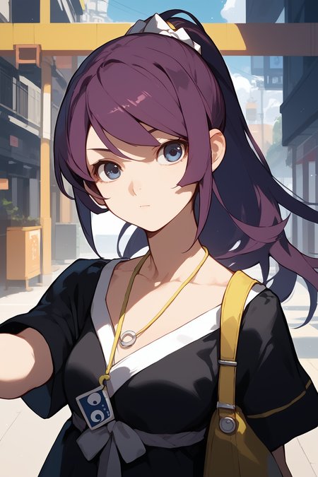 (score_9,score_8_up,score_7_up,),<lora:senjougahara hitagi (1):1>,dangyang,high ponytail,necklace,black dress,source_anime,pointing_at_viewer,purple hair,blue eyes,bag,