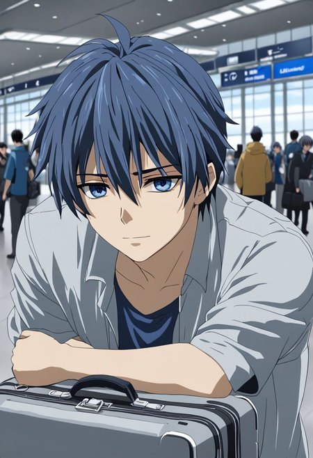Anime Style, easynegative, detailed_eye_model, Highres, Masterpiece, High Quality, 4K, 8K, solo, 1boy, Tomoya Okazaki, Deep Blue Eyes, Grey Blue Hair, airport terminal, standing, bag, suitcase, sad, tough, covering sadness, lying, sad eyes, smiling mouth, tense, emotional