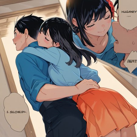 highres,ultra-detailed,illustration,colorful,masterpiece,extremely detailed,8k , manga art style , multiple panels , (1girl , black hair , orange skirt , cute face ) , (1boy , black hair , blue shirt) , boy hugs girl from behind , kisses neck , soft lighting , absurdes
