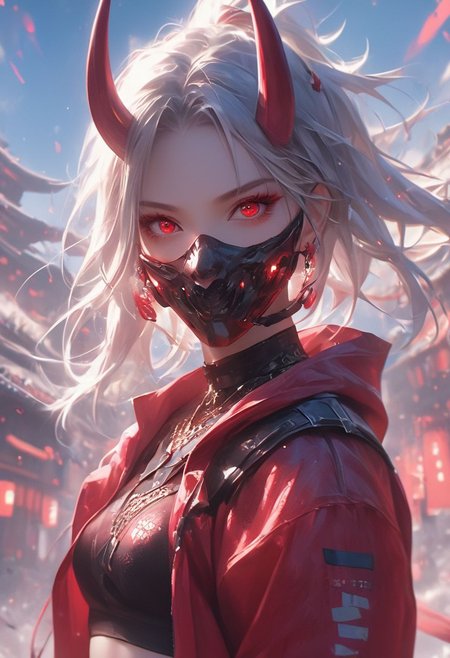 WLOP art style, Digital painting style visual effects, real humans, (Korean girl), Temari, looking at the audience, female, ((With straight one pair Oni Horns on On the forehead)), (((solo))), Innocent eyes and smile, ((((folded double pigtails)))) ,white hair, short hair, (fluffy very short (spiky pigtails)), ((abs)), ((((navel exposed)))), (Face mask), ((abs)), ((((navel exposed)))), black short Hoodie, red long-sleeved top, tight denim hot pants, long legs, clear face, ruby ​​red eyes, holding a gun, gun in hand, looking up, bright eyes, clarity, movie shot, (full body), complex Details, 8k post-production, faithful and colorful movies,