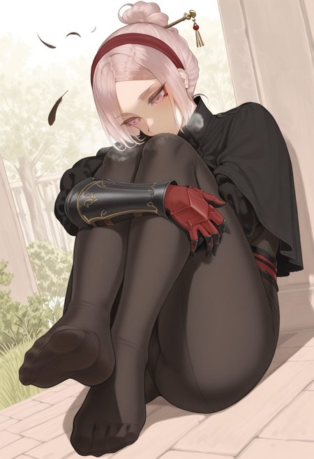 throtem,  outdoors, undershirt, falling feathers, black bodysuit, hair stick, hugging own legs, , gauntlets,   eyeshadow,   red gloves,  high ponytail,  , black capelet, red hairband, pink eyes, 1girl, solo, feet, visible breath,   dynamic angle, foreshortening, smell, steam,