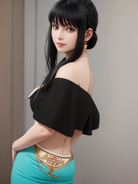raw photo, ((masterpiece, best quality)), ultra-detailed, highres, colorful, intricate detail, ray tracing, Depth of field, (realistic, photo-realistic:1.37), best quality, fine detailed, highres, colorful, intricate detail, ray tracing, Depth of field, beautiful detailed eyes, detail hair, hand by guido daniele, ((masterpiece, best quality)),(detailed skin), ((detailed facial features)),  fine detailed, highres, colorful, intricate detail,  (sharp outline), cinematic shadows, ultra realistic 8k cg, unparalleled masterpiece, absurdres, extraordinary, incredible, exquisite, sensational, perfect artwork, perfect female figure, perfect anatomy, ultra anatomy, from behind shot ,
1girl, Yor Briar , <lora:yorBriarIbraHime_v10:0.25>,  <lora:yorBriarYorForger_v10:0.55>, an extremely beautiful 27-year-old feamle , (black hair sideburns:1.8), hair bangs, perfect shiny skin, flawless skin, fair skin, (large breasts:1.3), cleavage, (dark red eyes:1.2) , solo, light smile, light blush, golden earring,
0.5 :: (white open-collared shirt, turquoise vest, turquoise Pencil Skirt, office) , 
sexy pose, 
street scenery, East Berlin,
