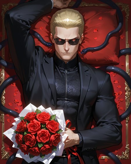 PonyScores7, source_anime, ah1
BREAK <lora:albertwesker-guy-PONYv1:0.8> albertwesker, albert wesker, 1boy, blonde, (sunglasses:1.3), looking at viewer, toned, athletic, fit, slicked back hair, mature male, short hair, (lying bed), (<lora:Indian_First_Night_Bed:0.8> bed, pillow, flower, heart, petals, rose, red flower, carpet, bouquet, red rose, rose petals, ornaments,), ((in heat expression)), (focused, intense glare), (reddish orange eyes, slit pupils), (angular face, sharp_featured face), handsome, charming, alluring,  <lora:MC_superhuman:0.2> ((black tentacles, black tendrils))
BREAK <lora:xl_more_art-full_v1:0.2>, <lora:shinyskin2:0.2> glistening skin, <lora:aesthetic_anime_v1s:0.2>, <lora:Expressive_H:0.2> Expressiveh, <lora:hairdetailpxl:0.2> hairdetailpxl, <lora:EpicF4nta5yXL:0.2>, <lora:detailxl:0.2> detailxl, <lora:Fant5yP0ny:0.2>, best quality, amazing quality, best aesthetic, absurdres, <lora:expressive eyes:0.2> expressive eyes, <lora:eyedetailpxl:0.2> eyedetailpxl, illustration, Volumetric_Lighting, ultra-detailed, very aesthetic, intricate details, 8k, masterpiece, best_quality
BREAK (Panoramic View shot)
BREAK <lora:Eyes_High_Definition:0.3> EyesHD, Stable_Yogis_PDXL_Positives, AS-Adult, <lora:Complicated fantasy portrait - XL Pony V2.0:0.4>, bad-hands-5, AS-MidAged,
