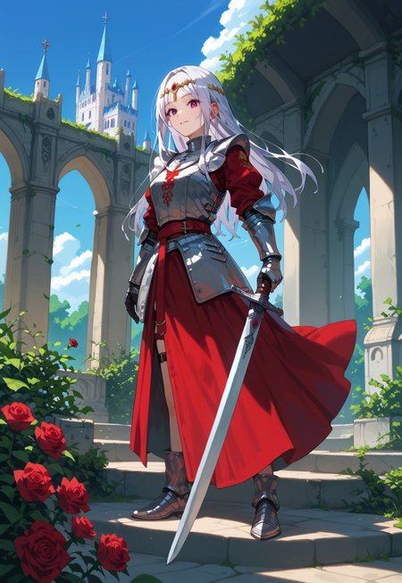safe_pos, (score_9, score_8_up, score_7_up, score_6_up, score_5_up, score_4_up), absurdres, intricate details, 1girl, solo, hime style hair, knight, plate armor, silver armor, shiny armor, armored dress, engraved, red skirt, long skirt, red sash, circlet, holding sword, leather straps, silver hair, long hair, red eyes, breasts, slim, beautiful, calm, slight smile, outdoors, castle, medieval castle, columns, ruins, scenery, day, blue sky, garden, roses, rose bush, vines, dynamic pose, facing viewer,