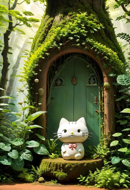 Craft a narrative for the captivating image: a diminutive, ancient forest spirit ghost reminiscent of Studio Ghibli's enchanting characters. This weathered terracotta statue, resembling a spectral being with echoes of Hello Kitty from Sanrio, stands resilient amidst the verdant expanse of a timeless jungle. Illuminate the mystique of this ethereal presence and the harmonious juxtaposition with the lush surroundings, evoking the essence of a Studio Ghibli masterpiece.