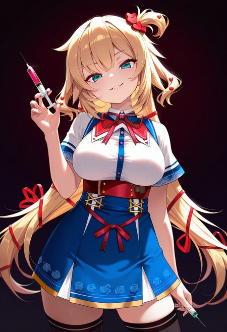 cowboy shot, 
1girl, haachama, akai haato, white top with red bow, blue skirt, black thigh-high stockings, holding syringe,
head tilt, direct gaze, smirk, looking at viewer, parted lips, dark background, masterpiece, amazing quality, HD32K