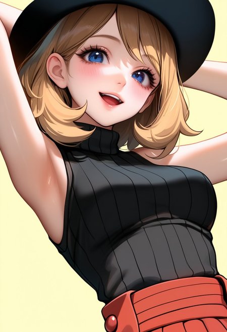 serena_(pokemon),1girl, solo, black hat, black sweater, sweater turtleneck, sleeveless, medium_breasts, looking_at_viewer, open_mouth, teeth, medium hair, light_brown_hair, smile, simple_background, yellow background, eyelashes, parted lips, armup, low-angle, armpit, masterpiece, best quality, high quality, realistic