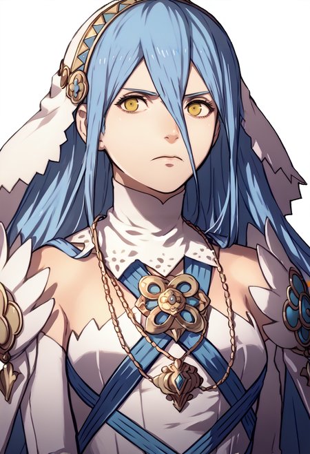 score_9, score_8_up, score_7_up, source_anime, 1girl, frown, <lora:zs_FE3HPortraitsXL:1> fe3hportraits, upper body, white background, <lora:azura-pdxl-nvwls-v1:1> defAzu, blue hair, white veil, white dress, blue straps, pendant, white elbow gloves