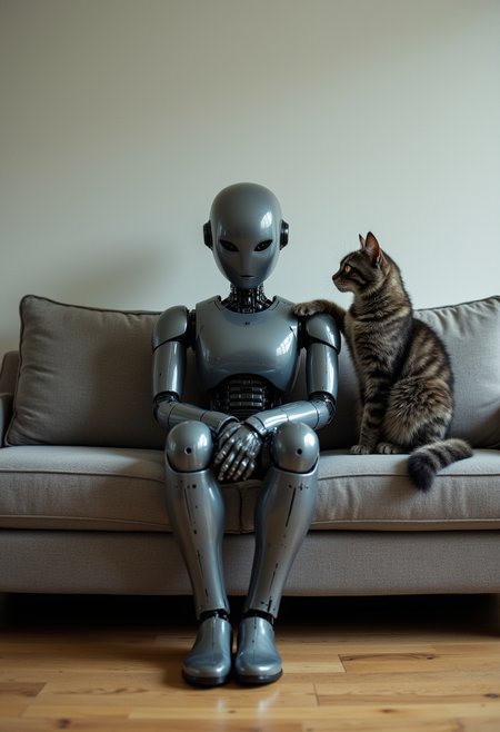 aidmafluxpro1.1,

A robot and a cat are sitting on a sofa against the wall.